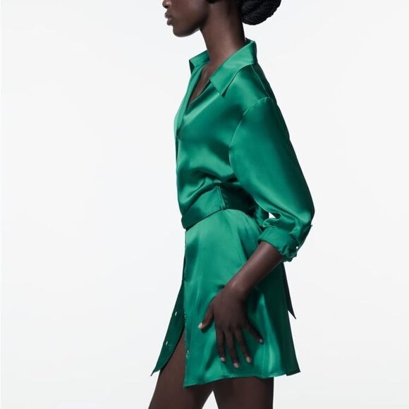 Zara Belted Satin Effect‎ Shirt Dress Green S NWT - Picture 5 of 12